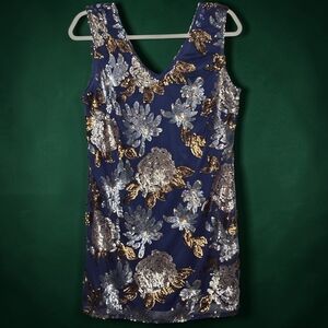 Elegant Sequin Floral Dress - Blue and Gold